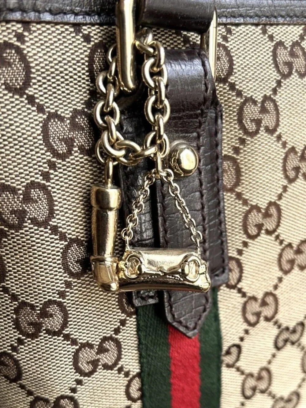 GUGGI GG Supreme Monogram Sherry Web Tote, Tan, Brown